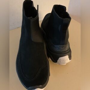 Sorel women black suede waterproof Kinetic Acadia platform sneaker booties 11